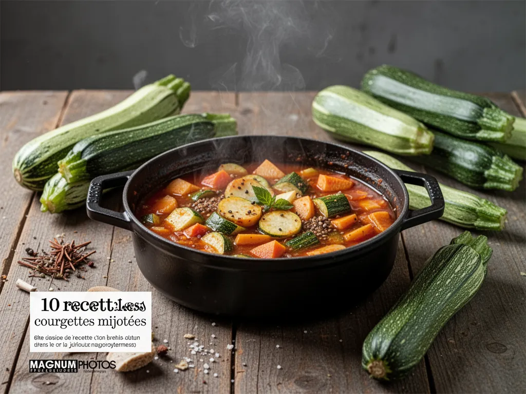Dix assiettes de recettes à base de courgettes disposées sur un plan de travail en bois