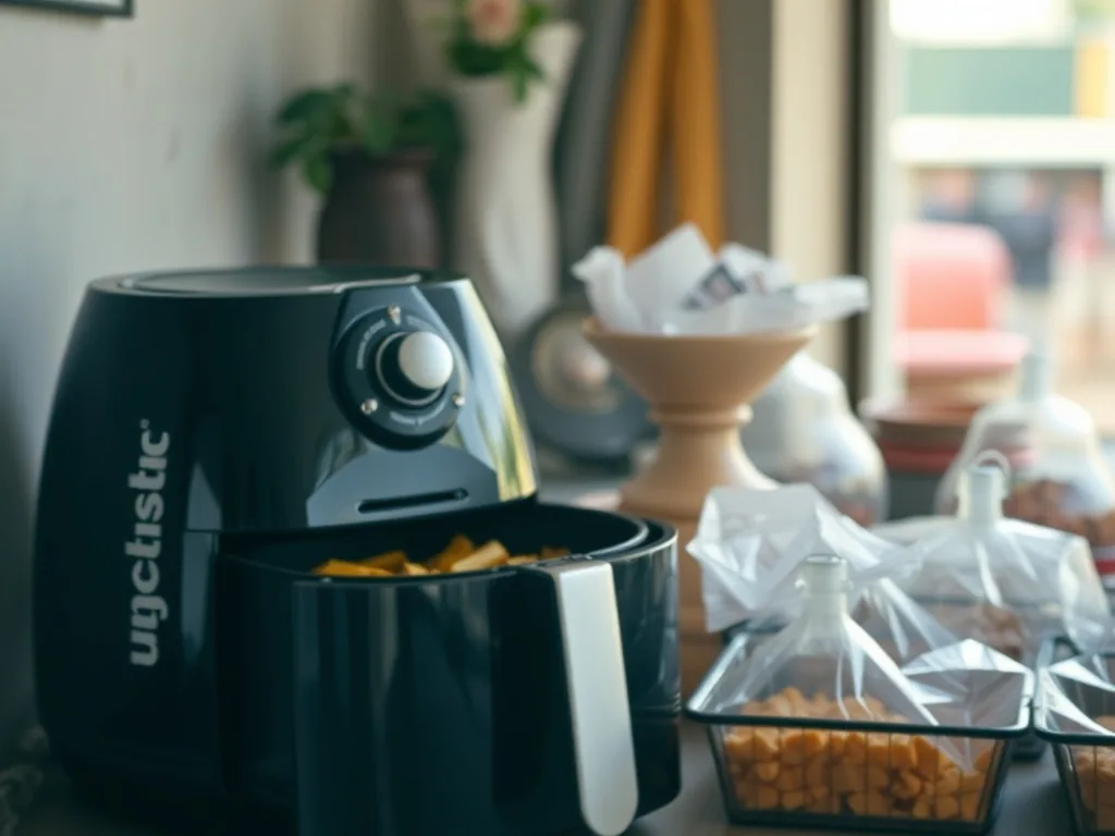 Carnet de recettes ouvert sur une page de recette air fryer, à côté d'un airfryer et d'ingrédients frais