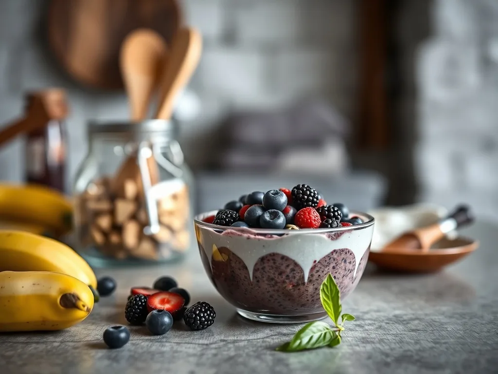Bol d'acai bowl violet profond, surmonté de granola, rondelles de banane, myrtilles et graines de chia, posé sur une table en bois clair
