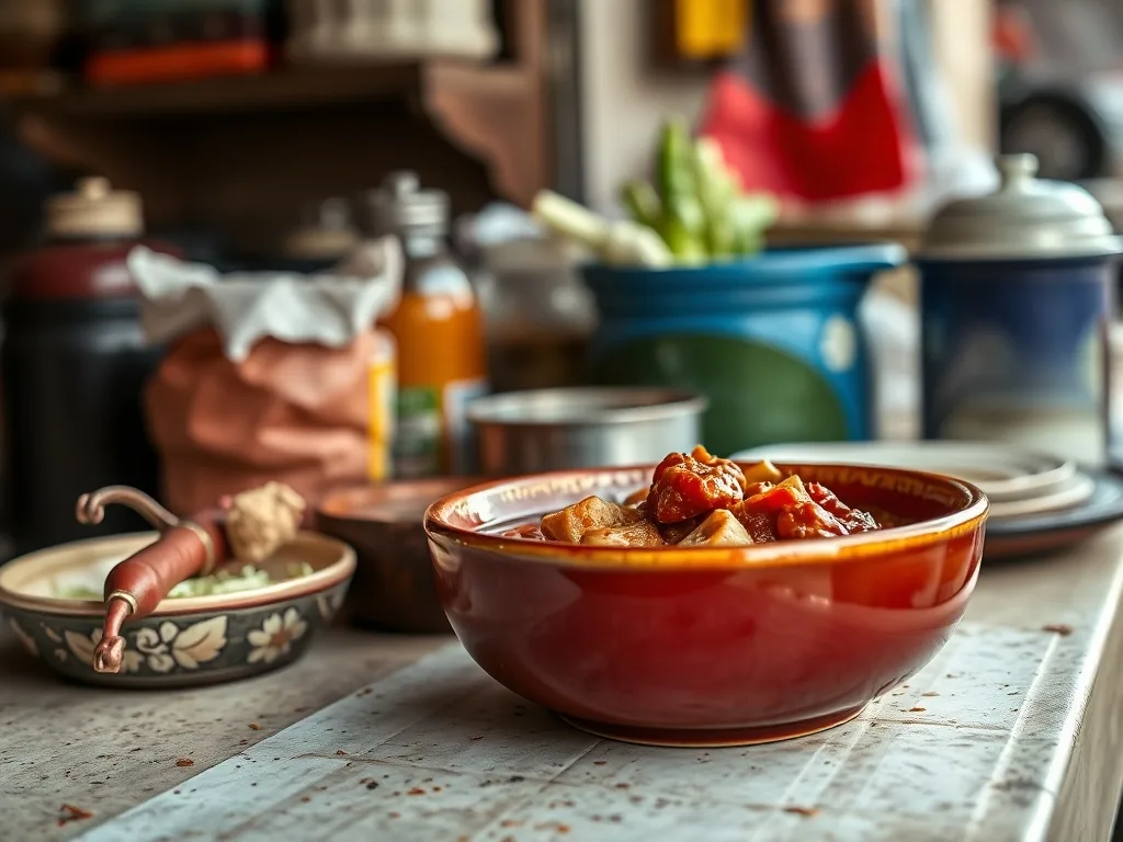 Bol de chili con carne fumant entouré de petits ramequins contenant guacamole, crème fraîche, oignons rouges et coriandre fraîche, avec une pile de tortillas de maïs à côté