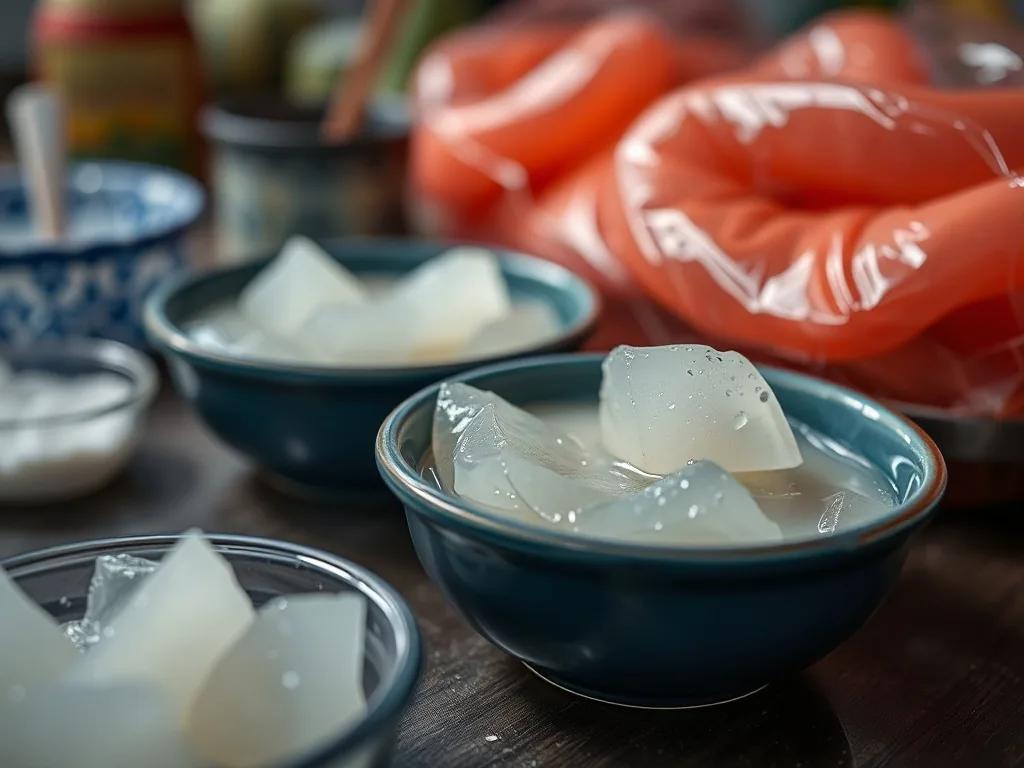 Ramollir l'agar-agar dans une casserole avec du lait de coco, à côté de fruits rouges et d'une cuillère en bois