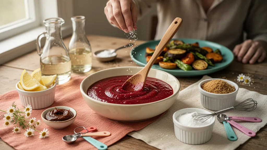 Bol de sauce aigre-douce brillante, avec morceaux d'ananas et ciboulette sur une planche en bois