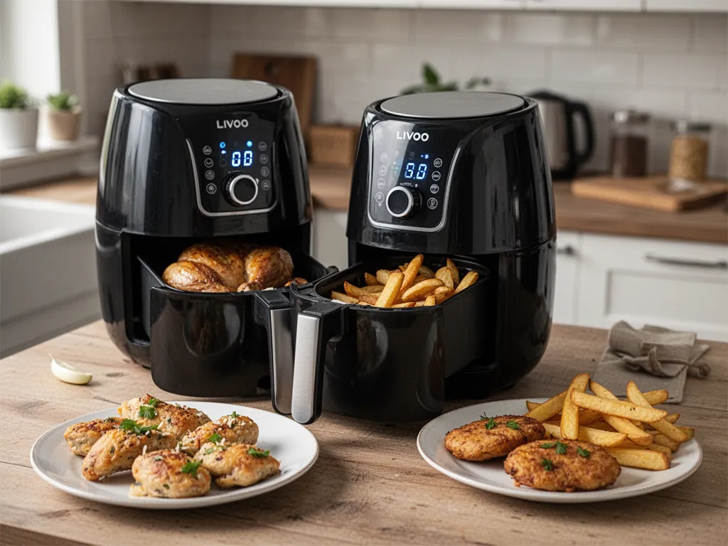 Airfryer Livoo posé sur un plan de travail en bois, panier ouvert avec des cuisses de poulet dorées et un brin de thym