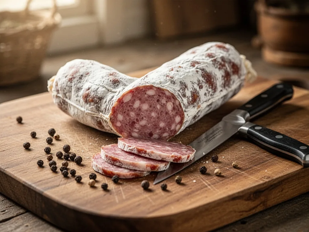 An andouille de Vire sausage being sliced on a wooden cutting board, a chef's knife beside it, scattered black peppercor