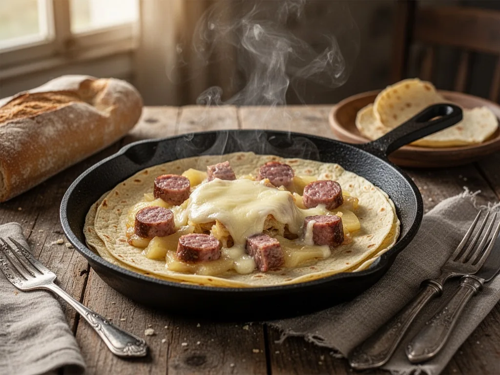 A cast-iron skillet with tortilla and tartiflette, chunks of andouille de Vire, melted cheese, steam rising, rustic tabl