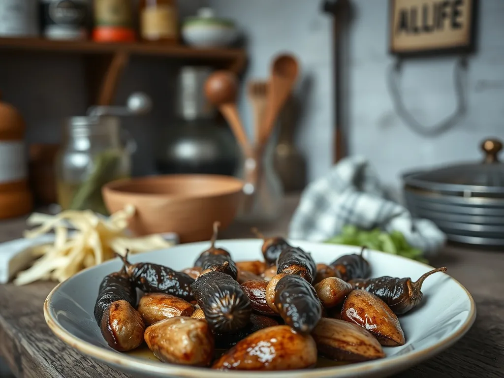 Andouillettes dorées dans une poêle en fonte, nappées d'une sauce moutarde onctueuse, servies avec des frites maison