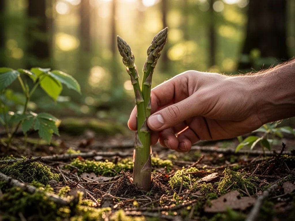 A hand gently pinching a wild asparagus stem near the base, forest floor with moss, blurred green background, golden mor
