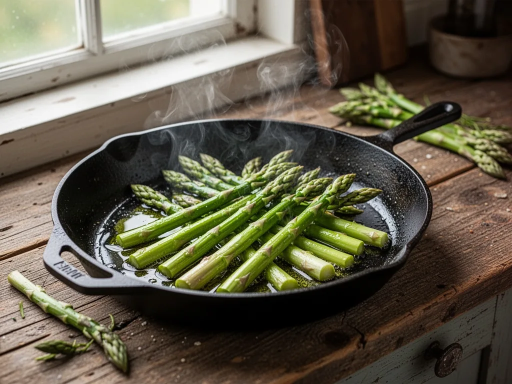 A cast-iron skillet with bright green wild asparagus spears sizzling in olive oil, steam rising, rustic wooden counterto