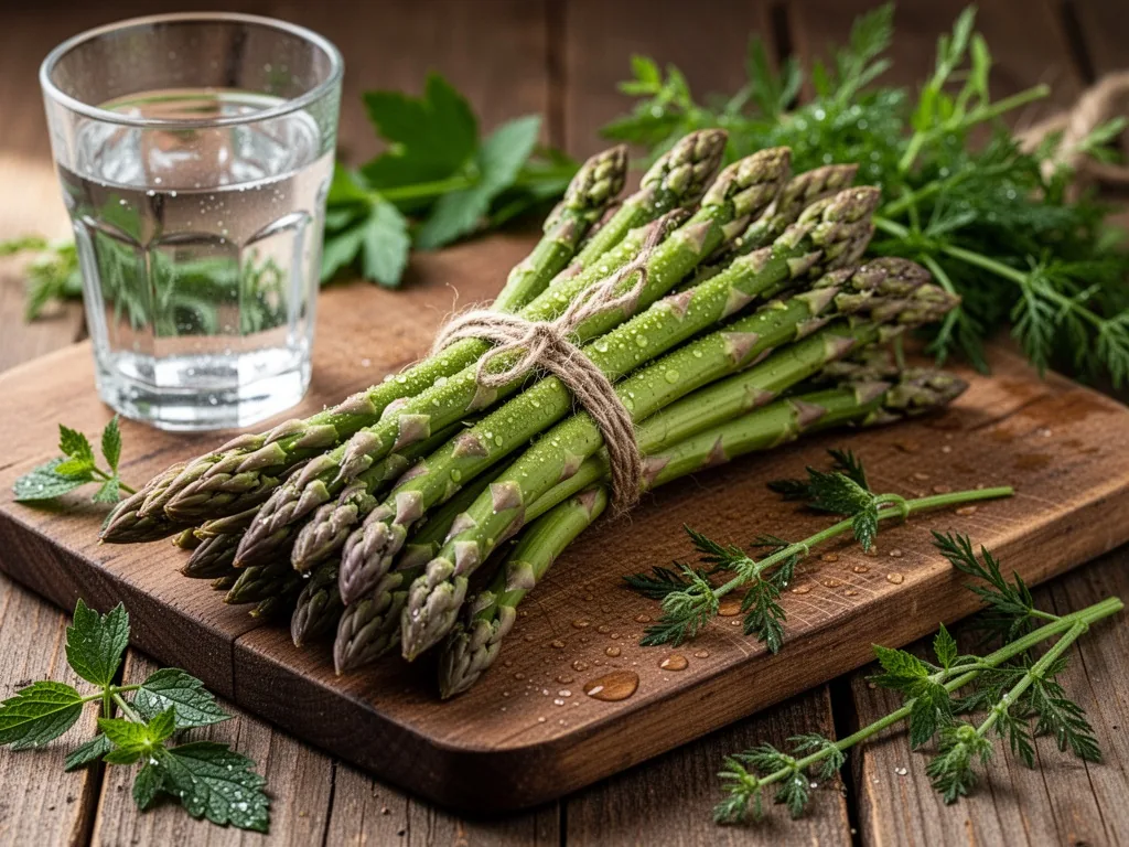 A bundle of wild asparagus tied with twine on a wooden board, beside a glass of water, fresh herbs, morning dew drops on