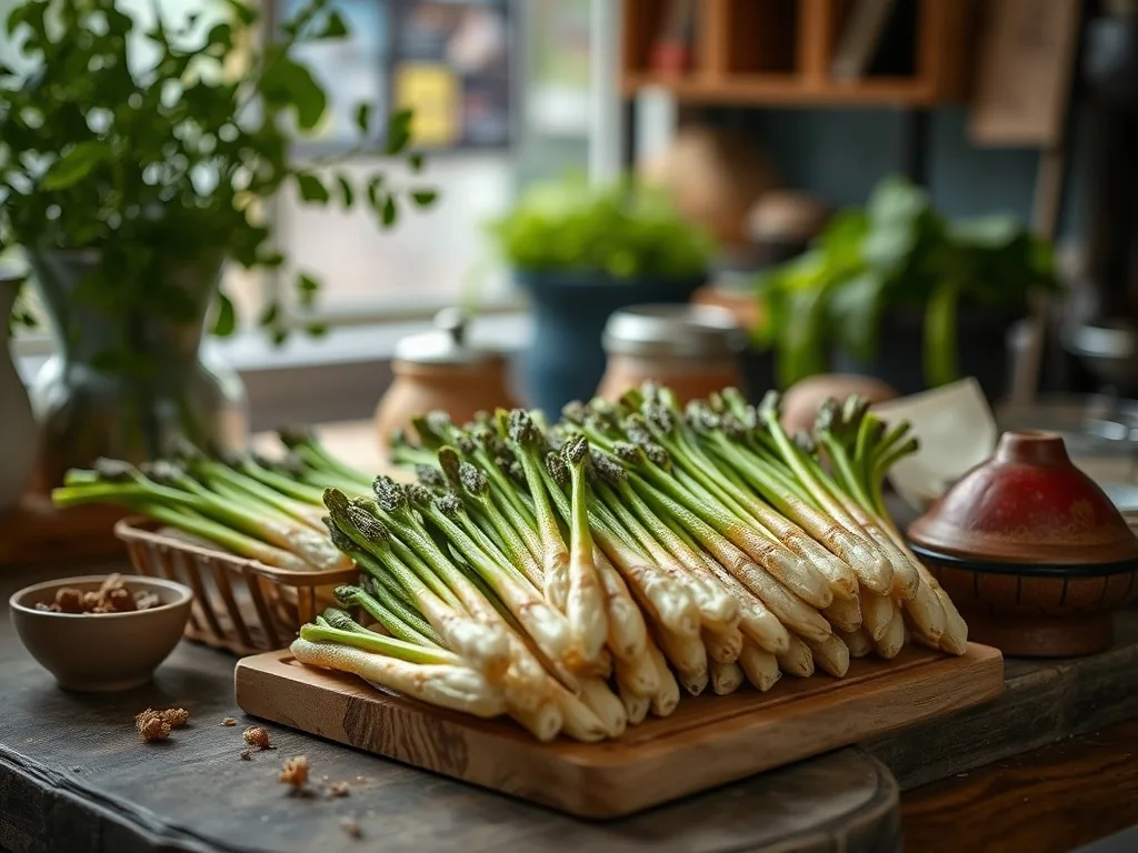 Bot d'asperges vertes sur un torchon en lin, un couteau d'office posé à côté, quelques pointes disséminées