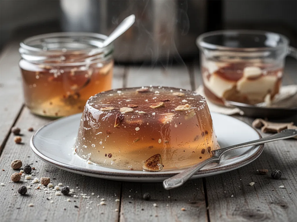 Aspic translucide en entrée froide, avec œufs, jambon, herbes et gelée dans un moule démoulé