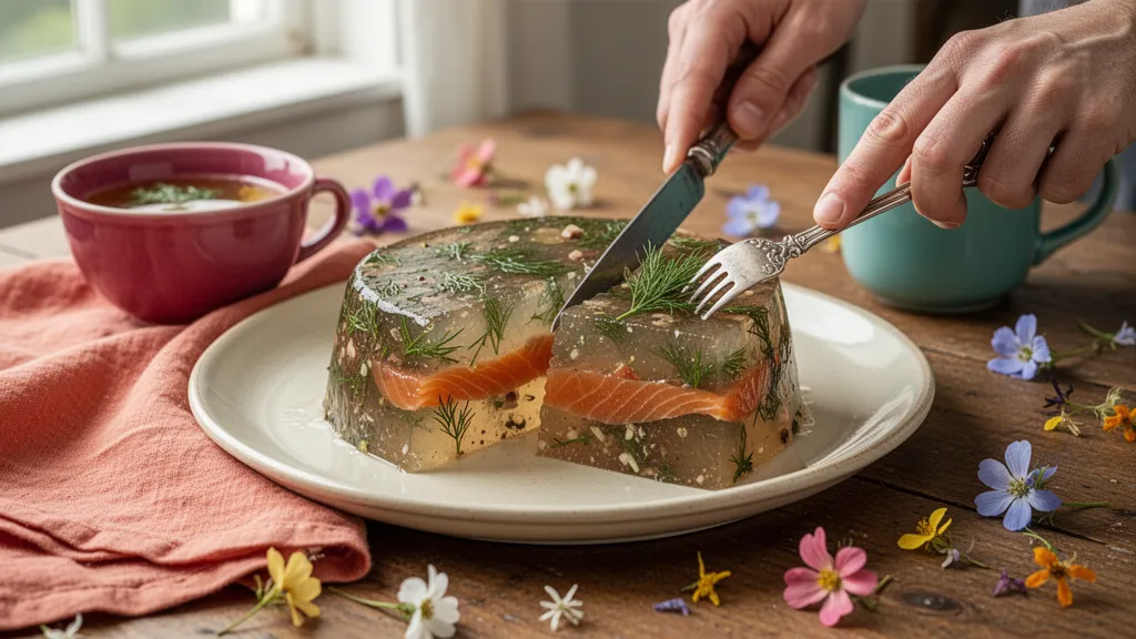 Assiette d'aspic transparent garni de légumes colorés et d'herbes fraîches