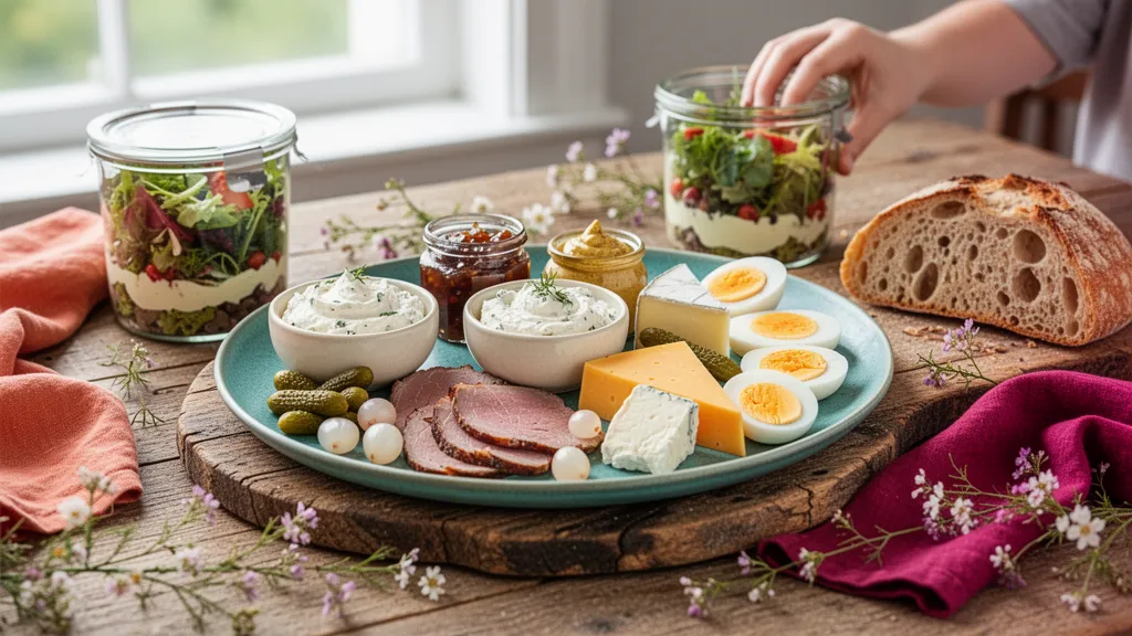 Plan rapproché d'une assiette anglaise soignée : tranches de charcuterie, rillettes, cornichons, œufs durs et salade verte