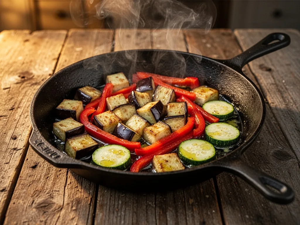 A cast-iron skillet with golden-brown diced aubergine, red bell pepper strips, and zucchini rounds sizzling in olive oil