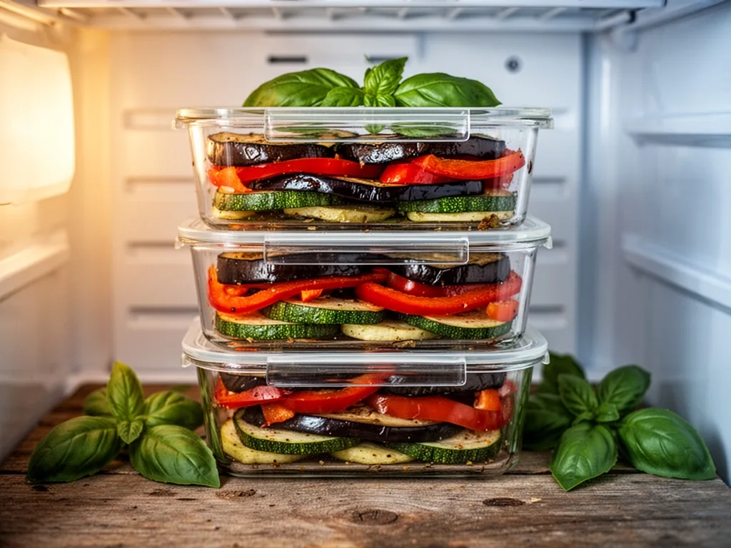 Neatly arranged clear glass meal-prep containers stacked, filled with cooked aubergine, pepper, and zucchini layers even