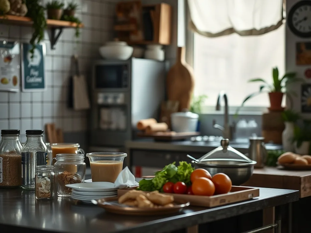 Cuisine moderne aux façades grises et plan de travail en bois, avec électroménager intégré et suspension design.