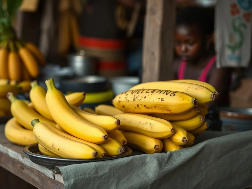 Tranches de banane plantain dorées dans une poêle en fonte, à côté d'un colombo qui mijote et de quartiers de citron vert