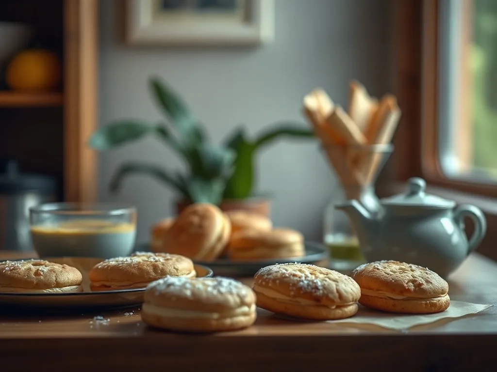 Biscuits à la cannelle dorés sur une plaque de four, un verre de lait à côté, saupoudrés de sucre