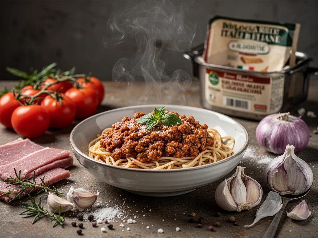 Cocotte de ragù rouge brun servie avec des tagliatelles dans une assiette blanche