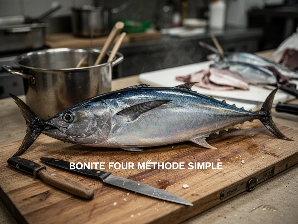 Bonite entière cuite au four avec rondelles de citron, tomates et thym sur un plat en céramique