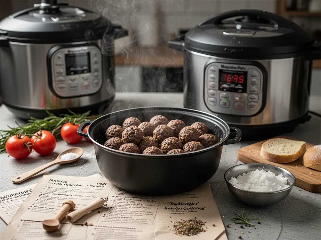 Plat de boulettes de bœuf nappées d'une sauce tomate épaisse, posé sur une table en bois rustique, avec quelques feuilles de basilic frais.