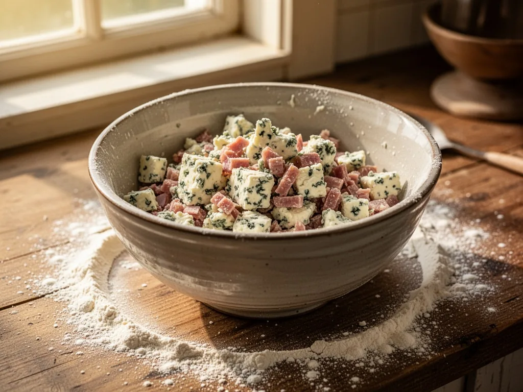 A ceramic mixing bowl filled with crumbled Roquefort cheese and diced bacon lardons, surrounded by flour dust on a woode