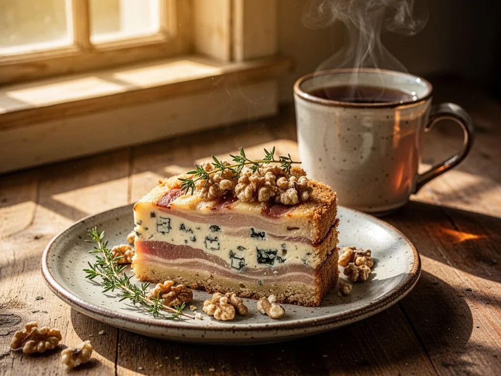 A thick slice of Roquefort bacon cake on a rustic plate, topped with walnuts and fresh thyme, beside a steaming mug of b
