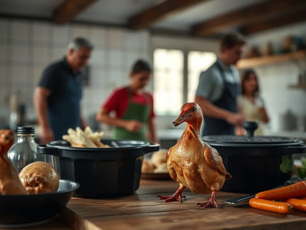 Cocotte en fonte avec des cuisses de canard et des pêches caramélisées, entourée de thym frais