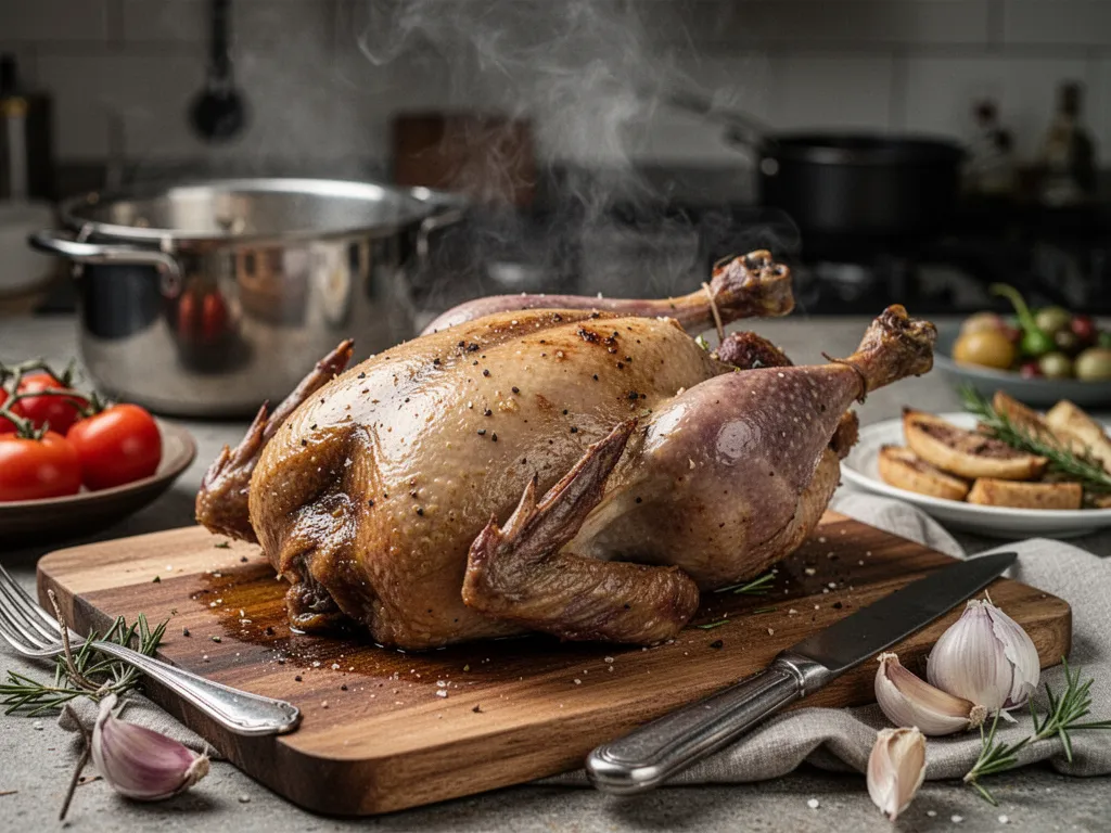 Magret de canard tranché en fines lamelles rosées sur une planche en bois, entouré de quelques grains de fleur de sel et d’un filet de sauce balsamique réduite.