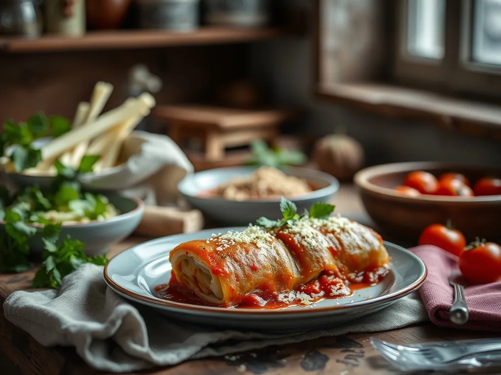 Plat de cannellonis gratinés avec une sauce tomate et béchamel dorée, en train de dorer au four, sur un plan de travail en bois avec du basilic frais