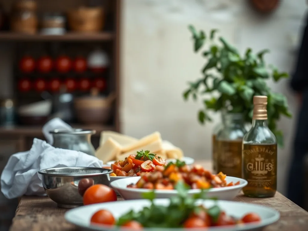 Un plat en terre cuite rempli de caponata sicilienne, le mélange d'aubergines, olives, câpres et céleri encore légèrement fumant sur une table de ferme