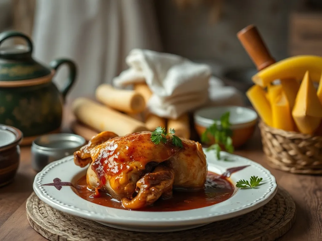 Bol de soupe fumante aux morceaux de canard et légumes racines, posé sur une table en bois près d'une cocotte