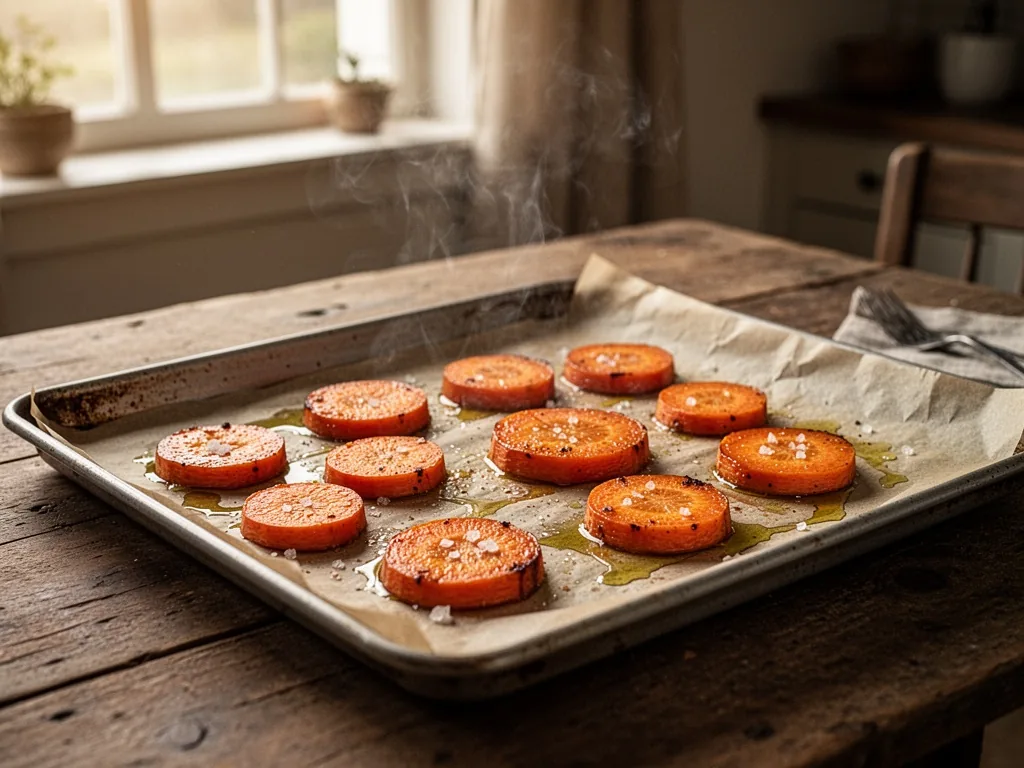 A rimmed baking sheet lined with parchment paper, caramelized orange carrot halves glistening with olive oil and flaky s