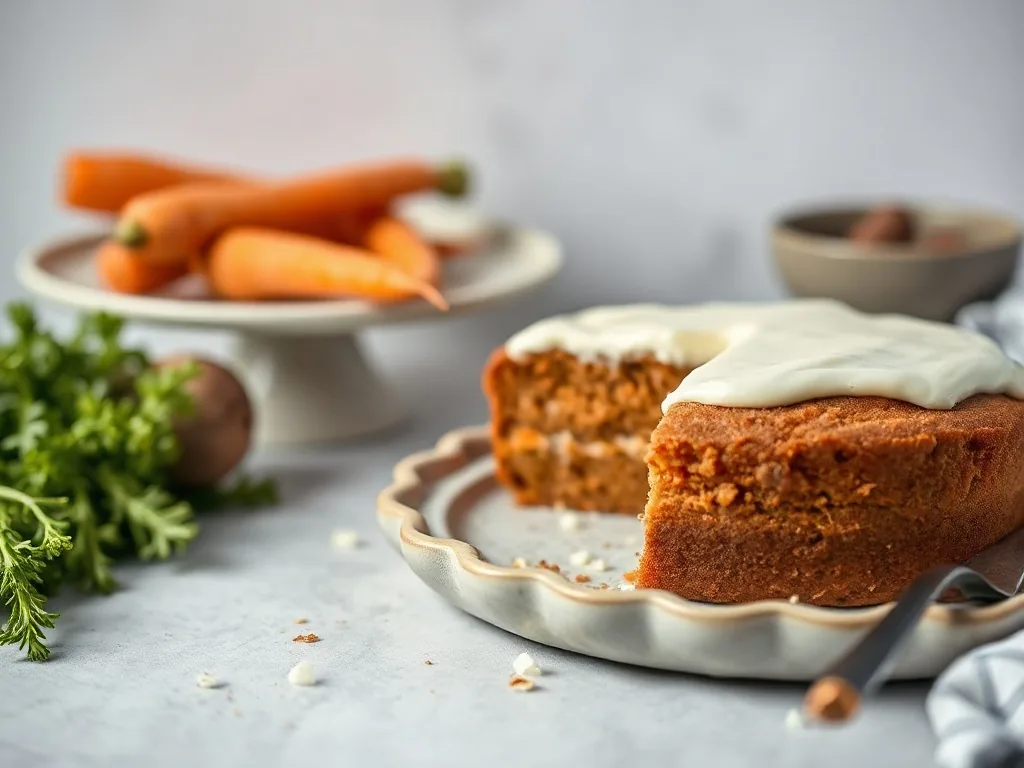Carrot cake moelleux avec glaçage cream cheese, tranché sur une assiette, à côté d'un café