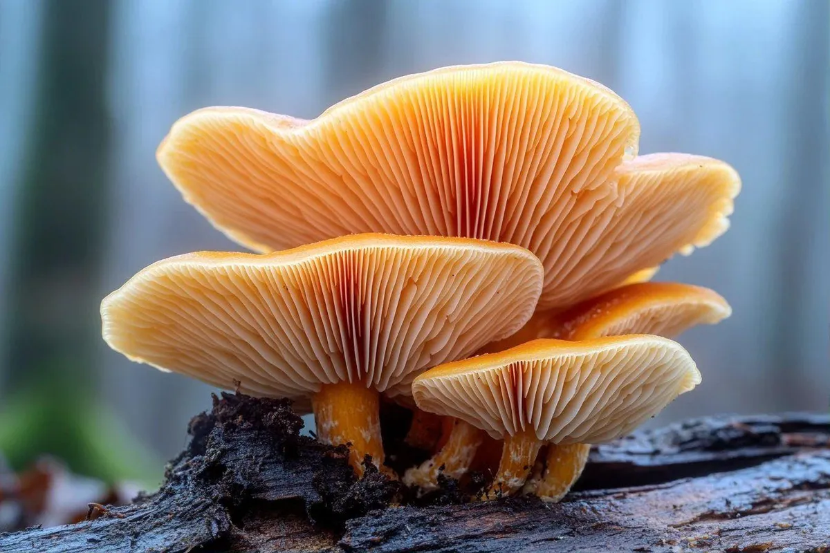 Un petit groupe de champignons orange vif poussant sur une bûche couverte de mousse, sous un sous-bois humide.