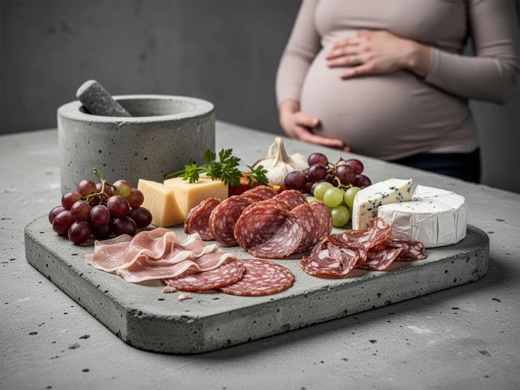 Assiette de charcuterie variée sur une table en bois clair, avec jambon cuit, saucisson, cornichons et pain de campagne