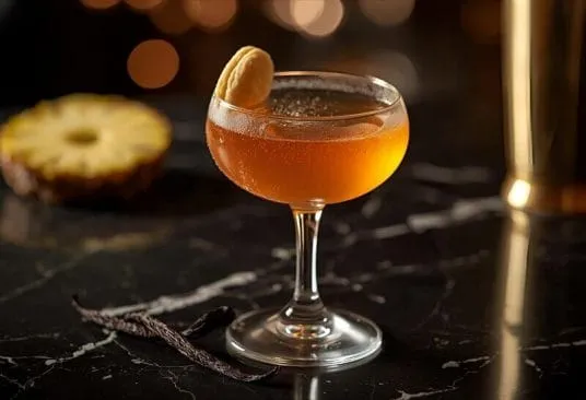 Deux coupes en verre posées sur une table en bois, garnies d'une mousse beige, une madeleine posée sur le bord, lumière douce du matin