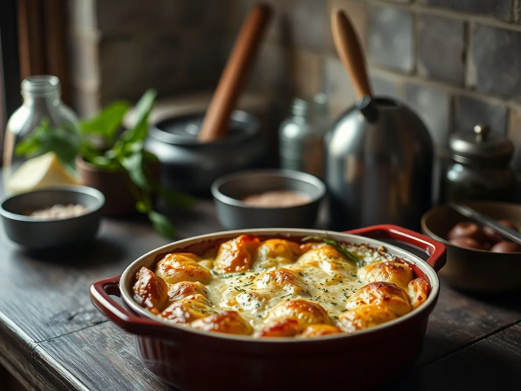 Cocotte en fonte remplie d'un gratin dauphinois doré, quelques brins de thym et un tour de moulin à poivre posés à côté sur un torchon en lin.