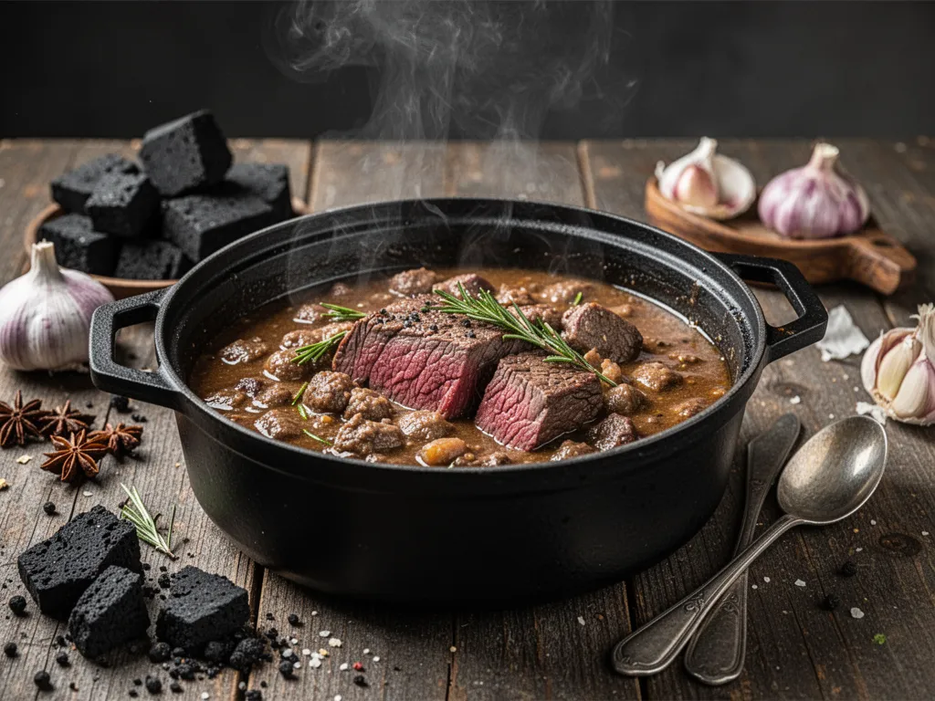 Cocotte ouverte avec collier de bœuf braisé, sauce épaisse et légumes