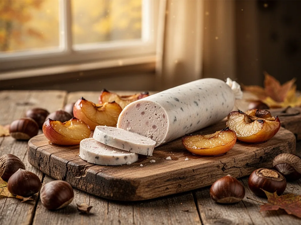 A white boudin blanc sausage sliced diagonally on a rustic wooden board, surrounded by caramelized apples and roasted ch