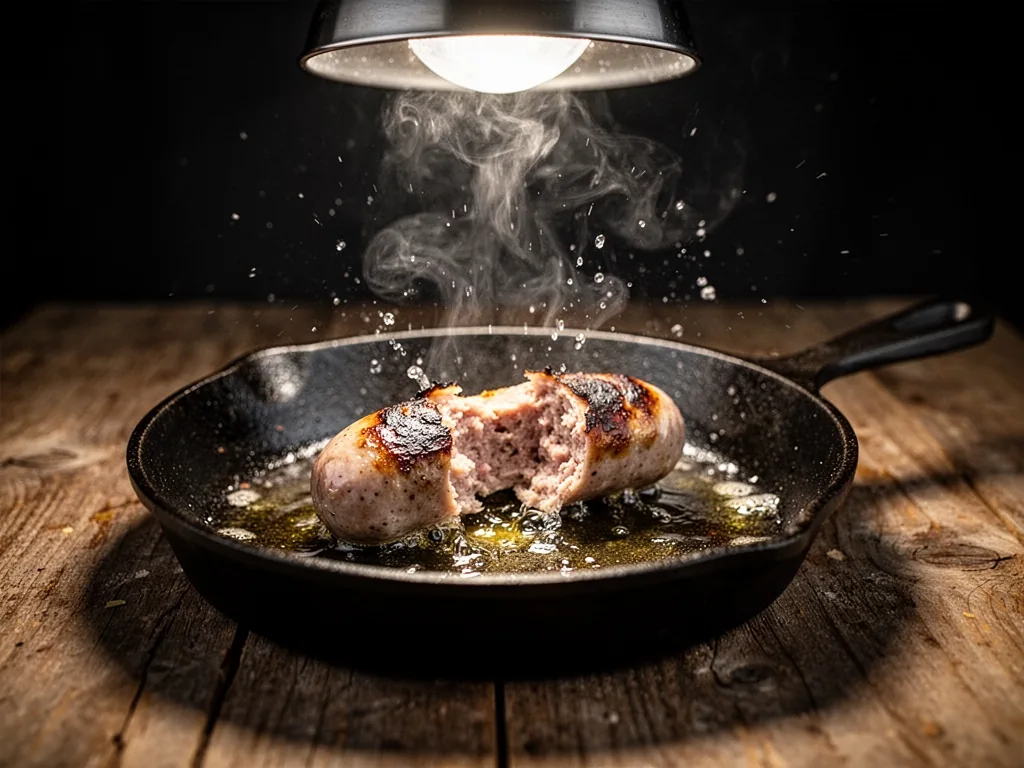 A boudin blanc bursting open in a hot cast-iron pan, oil splattering, burnt edges, steam rising, harsh overhead kitchen