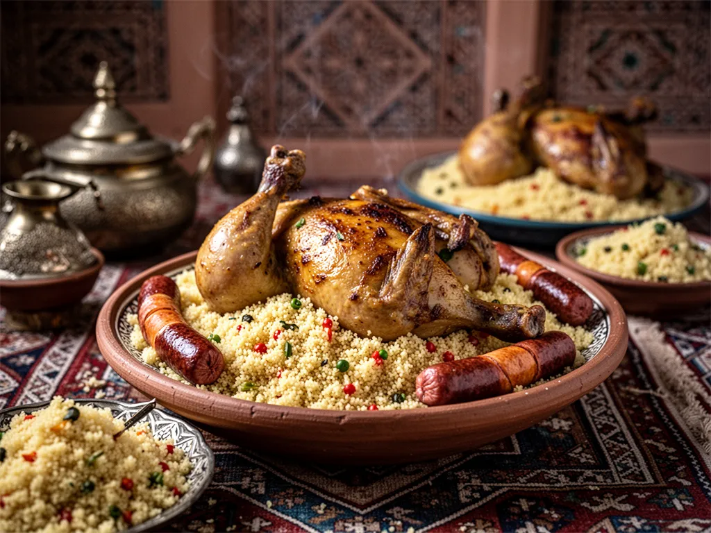 Grand plat de couscous marocain avec semoule, morceaux de poulet, merguez grillées, carottes, courgettes et bouillon servi à part