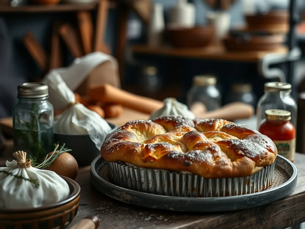 Croûte savoyarde dorée sortant du four, dans un plat en grès, avec du fromage fondu et une croûte croustillante, posée sur une table en bois.
