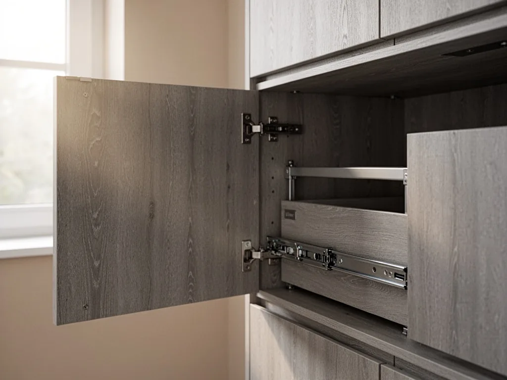 A close-up of an open kitchen cabinet interior with gray laminate panels and full-extension metal drawer slides, soft mo