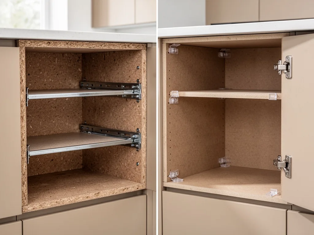 Two cutaway kitchen cabinet sections side by side, one with thicker particleboard and metal shelf brackets, the other wi