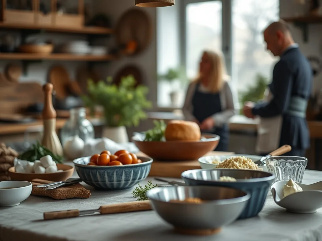 Cuisine scandinave lumineuse avec façades en bois clair, plan de travail en chêne, suspensions design et plantes vertes