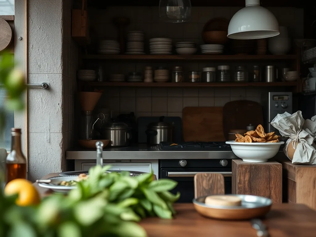 Façade de cuisine en bois clair avec des poignées discrètes, plan de travail sobre, dans un intérieur lumineux