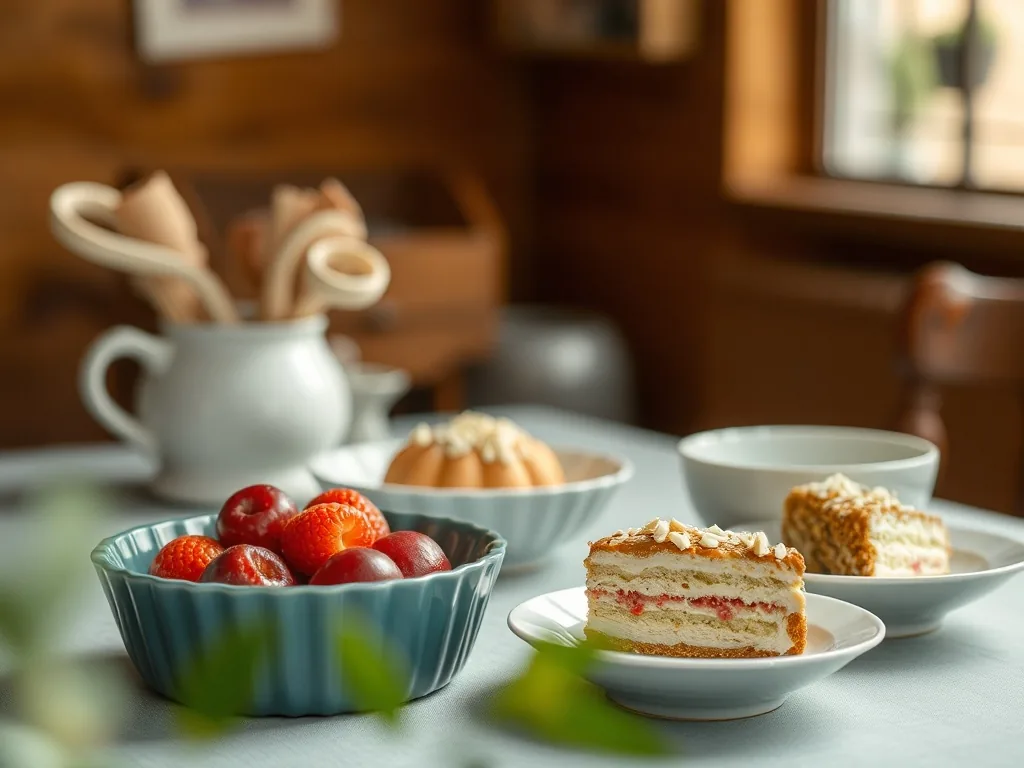 Plateau coloré de desserts d'été : verrines de fruits rouges, mousse au citron, salade de fruits frais, sur une table en bois ensoleillée