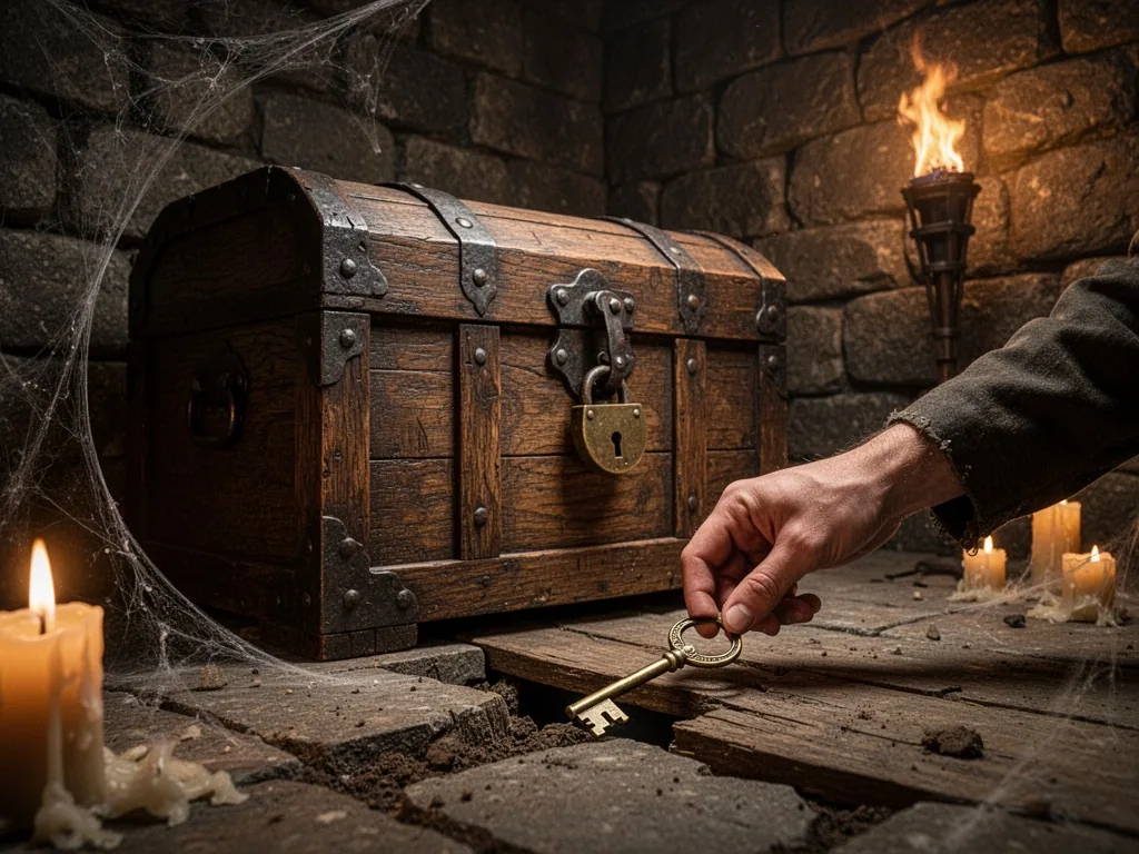A heavy oak chest with an iron padlock in a dark stone cellar, a hand reaching to uncover a brass key hidden beneath a l