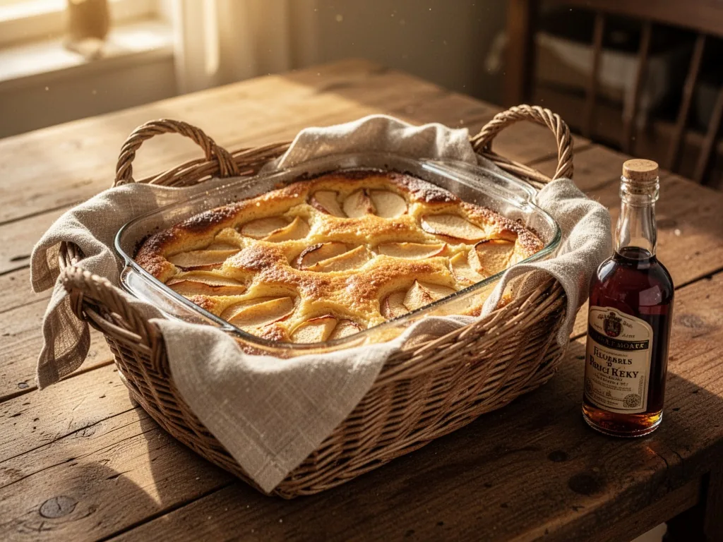 A glass baking dish of apple flognarde wrapped in a linen cloth, placed in a wicker picnic basket on a wooden table, a s